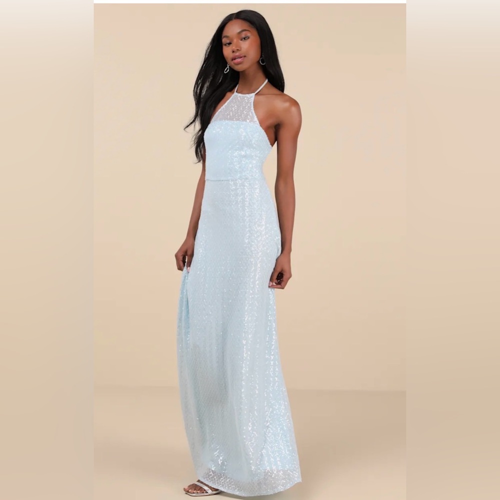 Lulus Kalina Elegant Light Blue Sequin Halter Evening Dress NWT prom